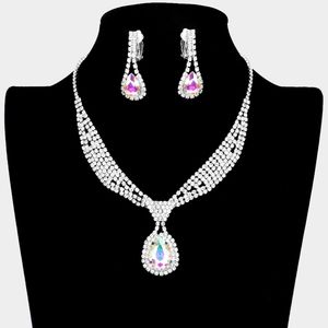Silver Teardrop Rhinestone Crystal Necklace Set Earrings Formal Bling Jewelry